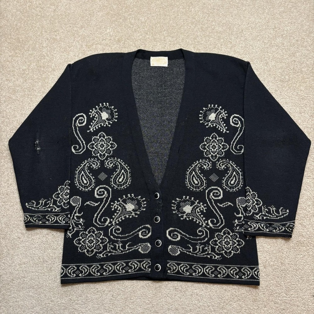 Vtg Pendleton Cardigan Sweater Womens Medium Black Paisley Wool 70s 80s Made USA